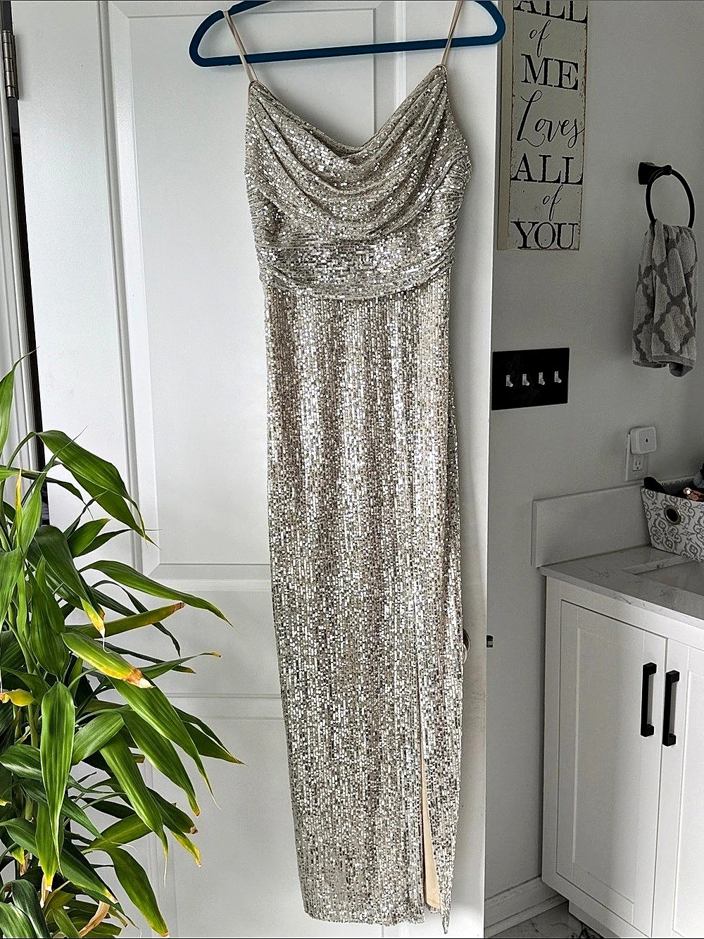 Eliza J Sequin Cowl Neck Gown Maxi Dress Silver & Cream Size 2